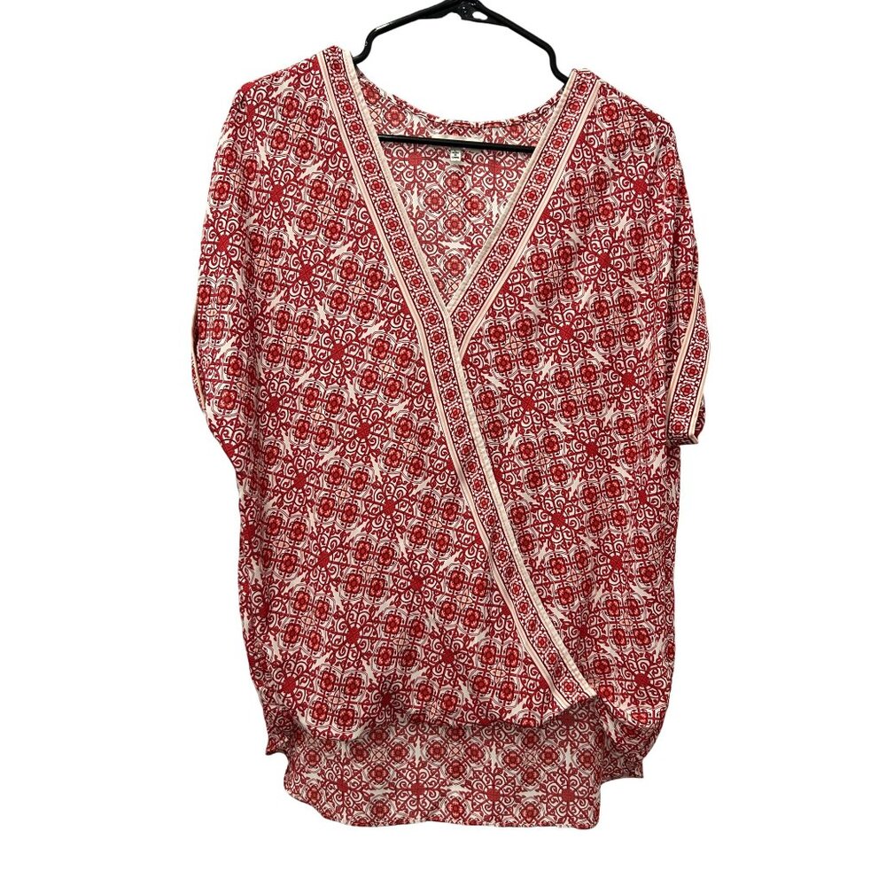 Max Studio Womens Red White Printed Loose Fit Blouse Top Sz L